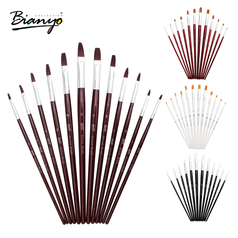 Бианьо 12 шт плоская головка Акварельная щетка Нейлоновая Щетка для волос