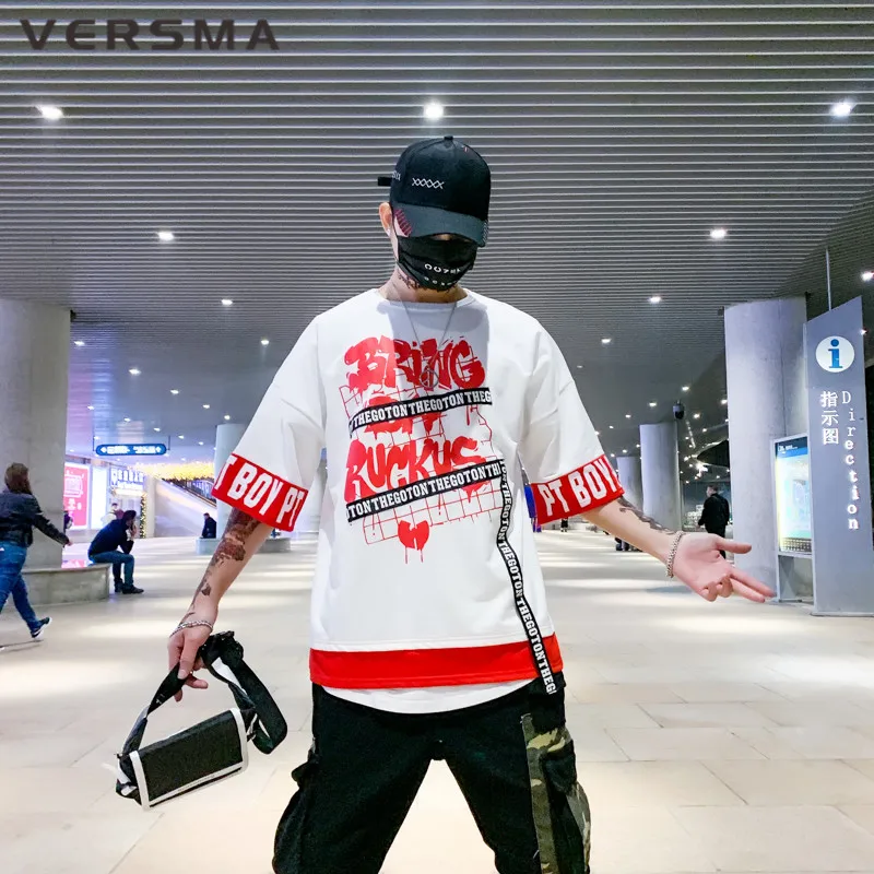 VERSMA корейские Harajuku BF ленты граффити напечатанные футболки мужские летние высокая улица хип хоп негабаритных футболки мужские дропшиппинг