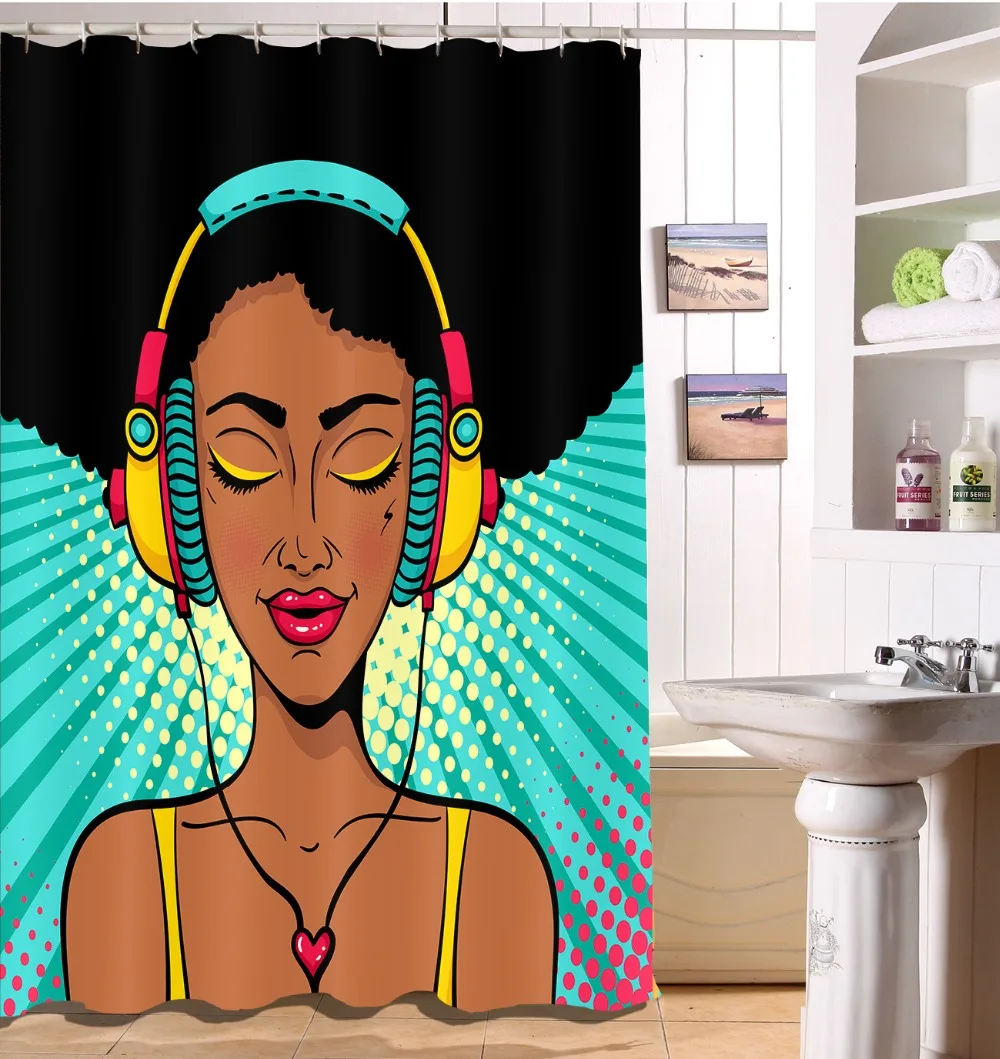 

High Quality Afro Hair African Woman American Music Waterproof Shower Curtain Polyester Fabric Bathroom Decor Curtain Hooks Set