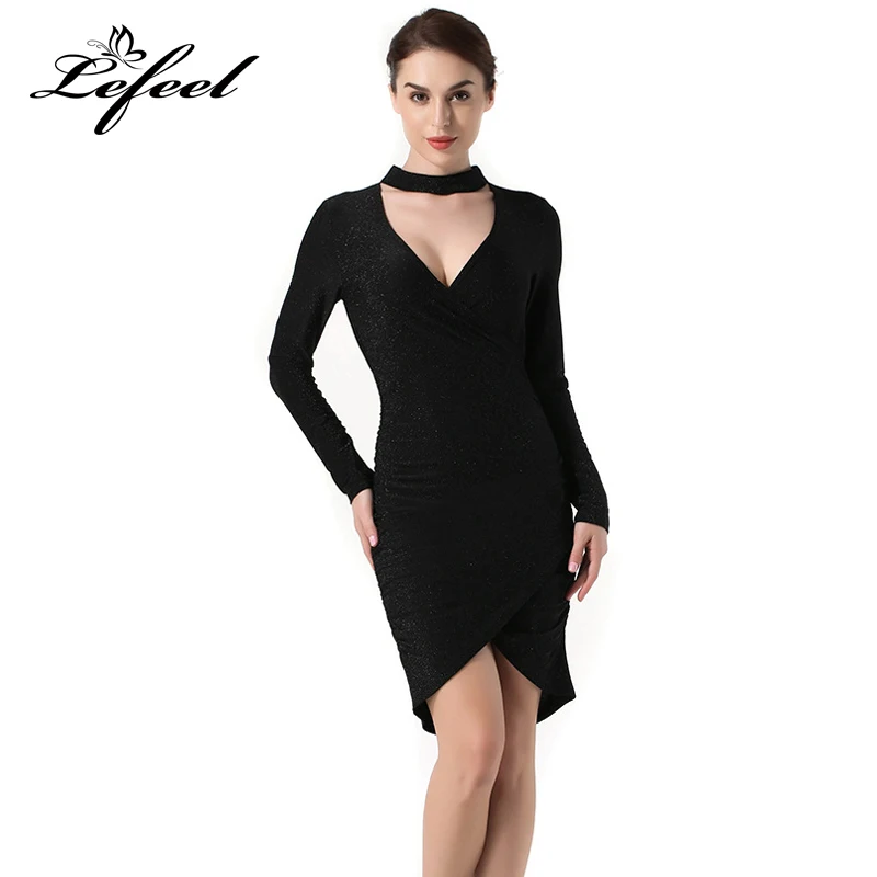 Lefeel элегантный Для женщин с длинным рукавом загара платье Весна Deep Sexy V Средства