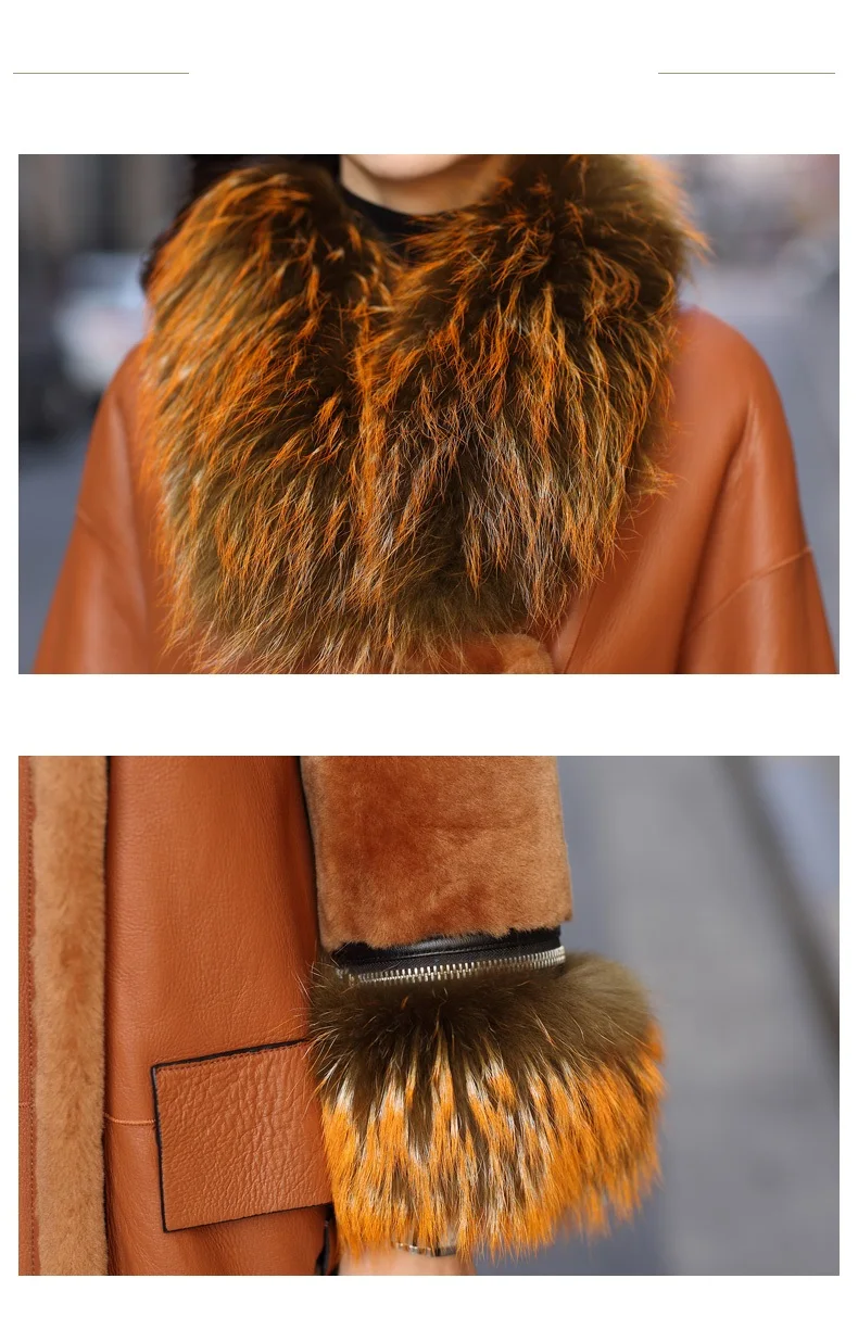 NEW Real sheepskin jacket women plus size Luxury clothes European style Women's leather jackets Haute couture Raccoon fur collar