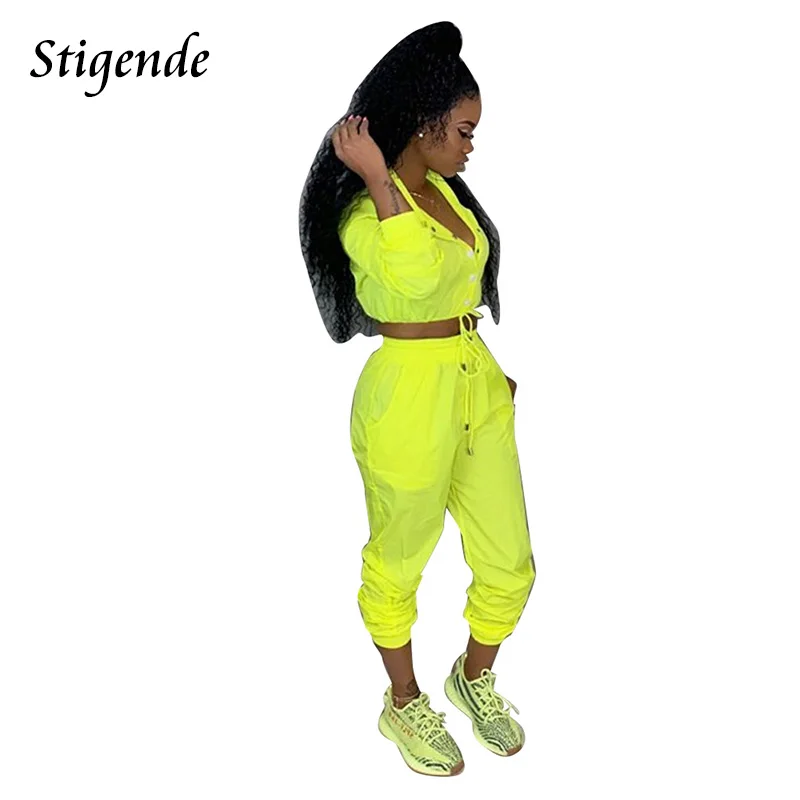 Stigende Women Sexy Crop Top and Pants 2 Piece Tracksuit Set Long Sleeve Button Coat 2pcs Spring Autumn Two Party |