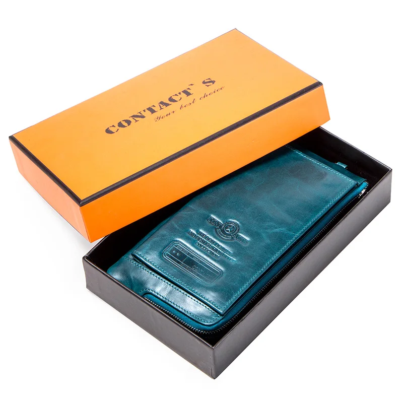 Blue Box Мужской кошелек клатч из натуральной кожи брендовый Rfid кошелек Мужской органайзер Чехол-клатч для сотового телефона Длинный кошелек для монет гравировка - Цвет: Blue Box