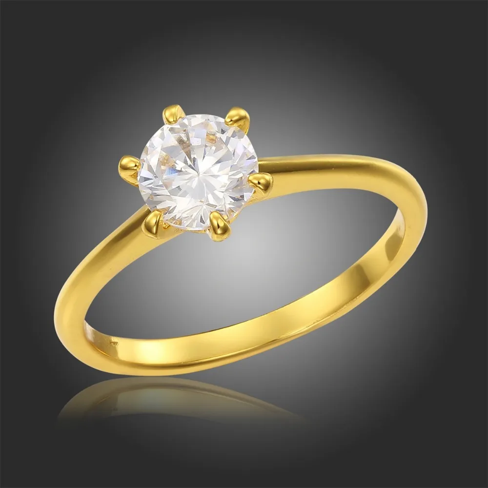 Желтое Золото Цвет Пасьянс шесть коготь круглый CZ круглое кольцо для женщин