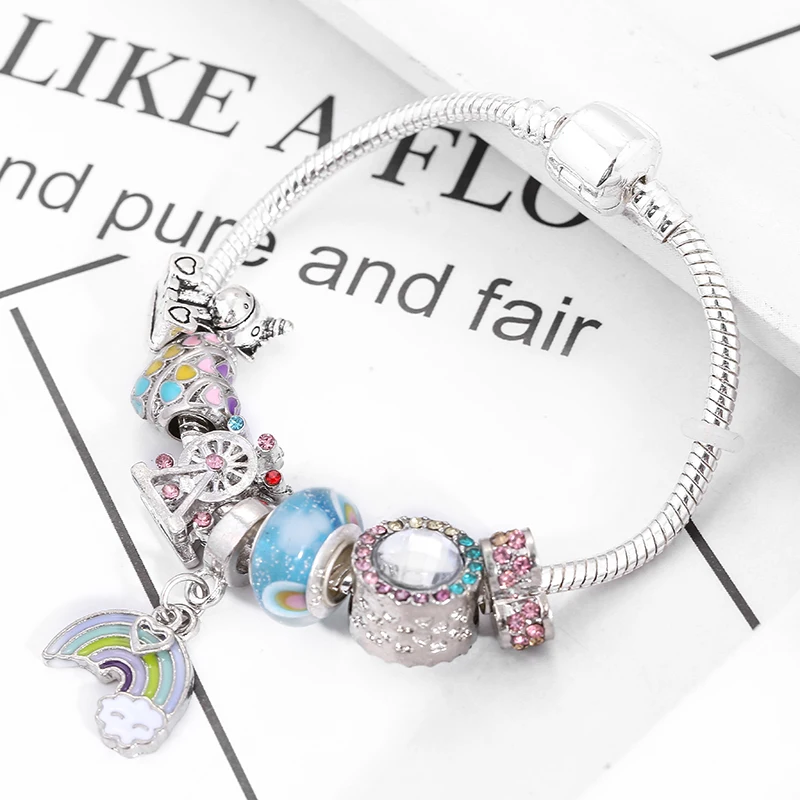 BAOPON аутентичный серебряный цвет браслет с единорогом Радуга любви бусы
