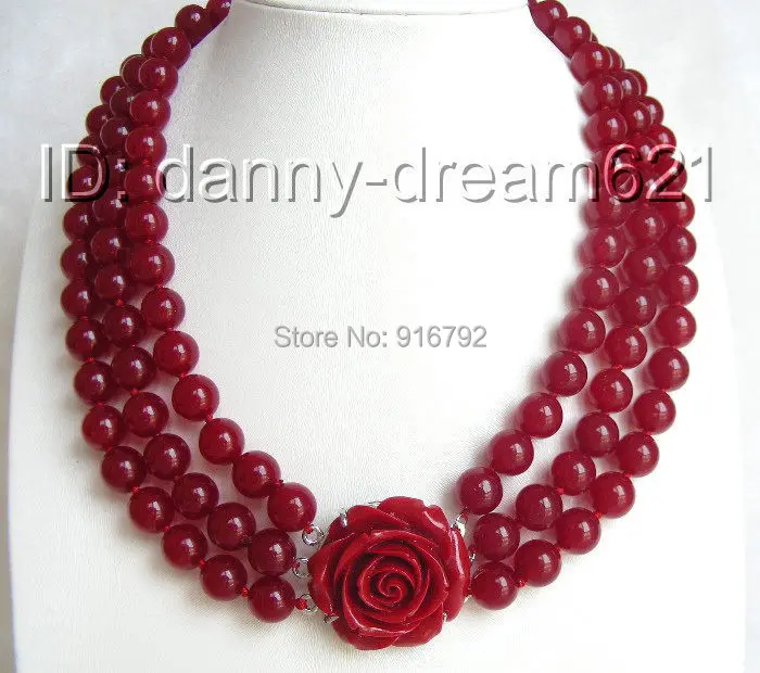 

free shipping >>>Gorgeous 3strands 10mm round red nautral stone necklace
