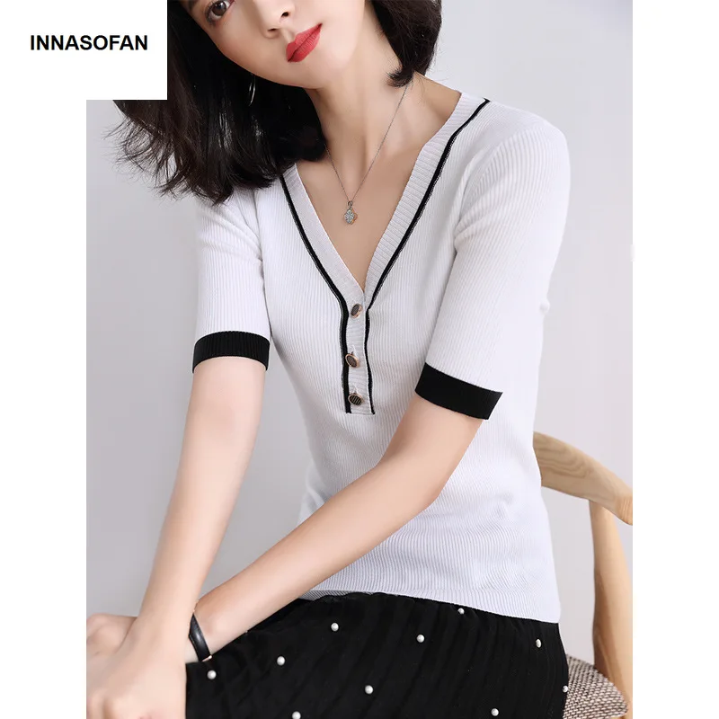 INNASOFAN Thin sweater Female Spring-Summer Knitted Eurasian fashion elegant short sleeve and V-collar | Женская одежда