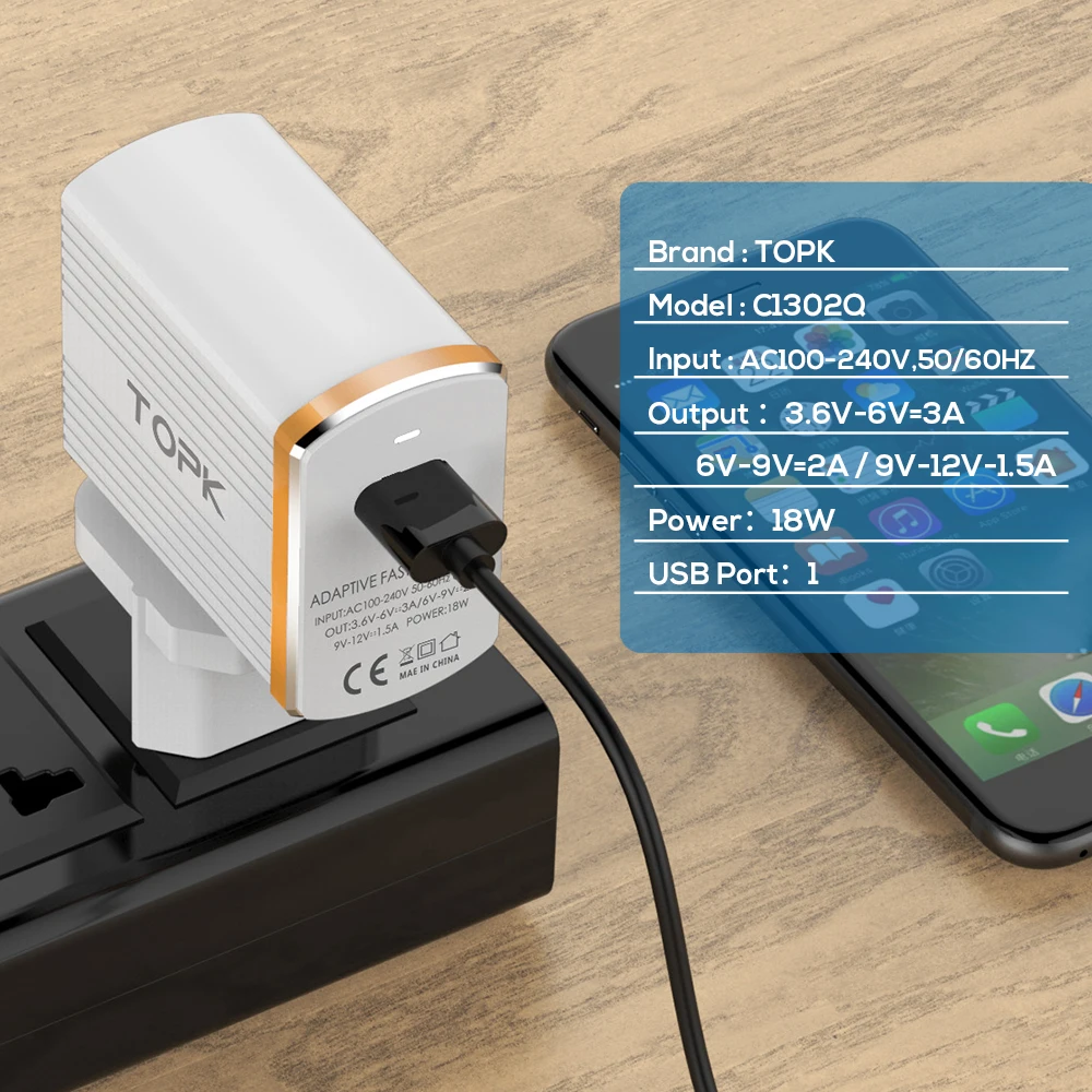TOPK 18 Вт Quick Charge 3 0 1-Порты и разъёмы USB Зарядное устройство мобильного телефона для