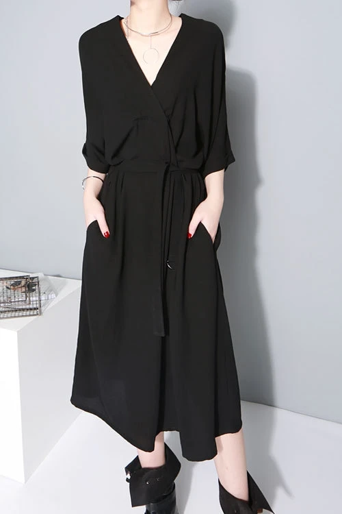 Женское шифоновое платье с высокой талией свободное летнее черного цвета