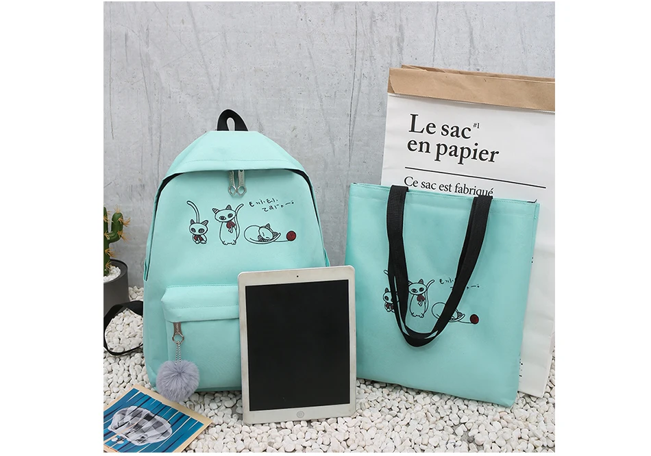 4Pcs/Set Travel Casual Oxford Letter Backpack Preppy Style Cute School Bags For Teenage Girls Women Cat Book Bag Rucksack Dame