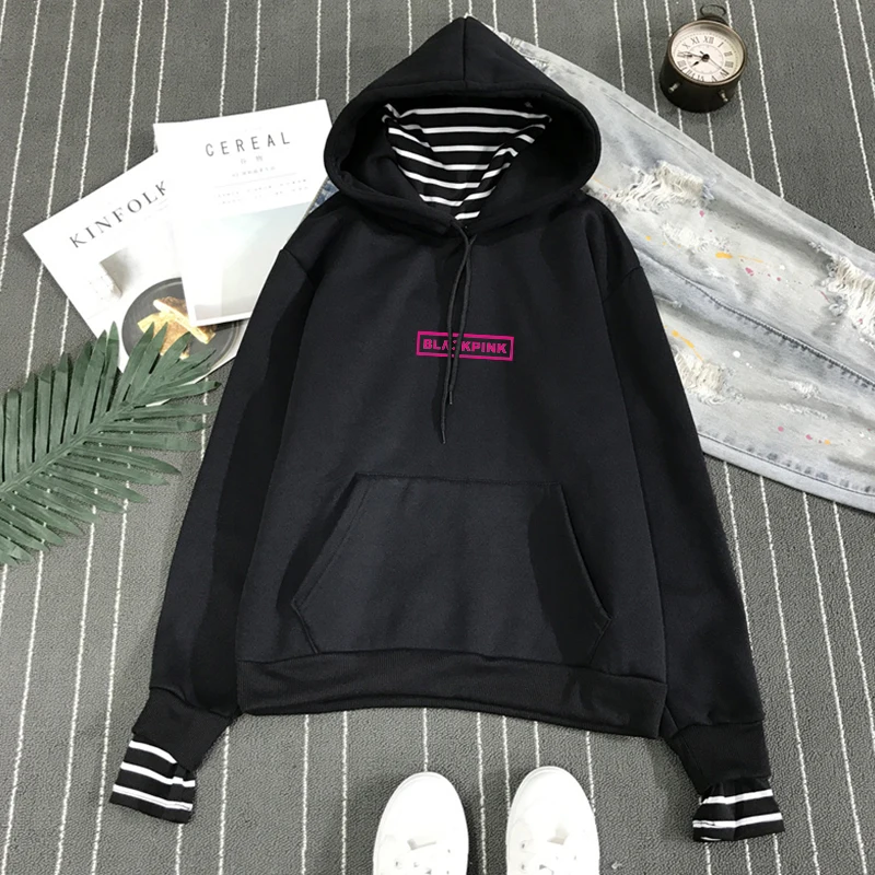 Kpop Для женщин Blackpink Kpop одежда Для женщин Полосатый худи, пуловеры, топы в стиле хип-хоп черный, розовый Женская одежда толстовки с капюшоном