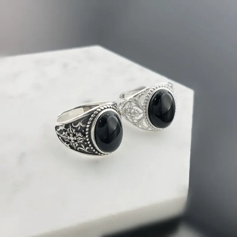 Натуральный овальный камень черный оникс твердое серебро 925 винтажные кольца для
