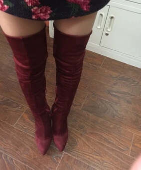 New Arrived women pointed toe thigh high bbots grey suede leather over knee boots slim thin sexy thigh high boots plus size 42