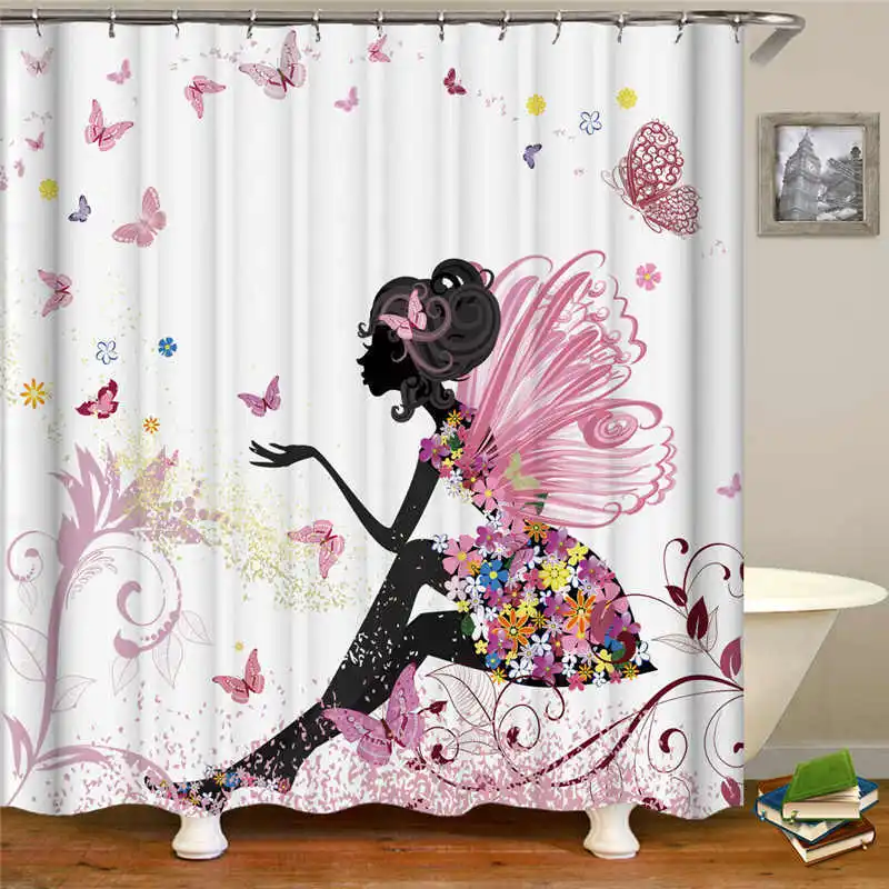 Butterfly Pattern Shower Curtain Rings PE Waterproof Polyester Bape Flower Printed Bath Curtains With 12 Hooks For Bathtub Decor | Дом и сад