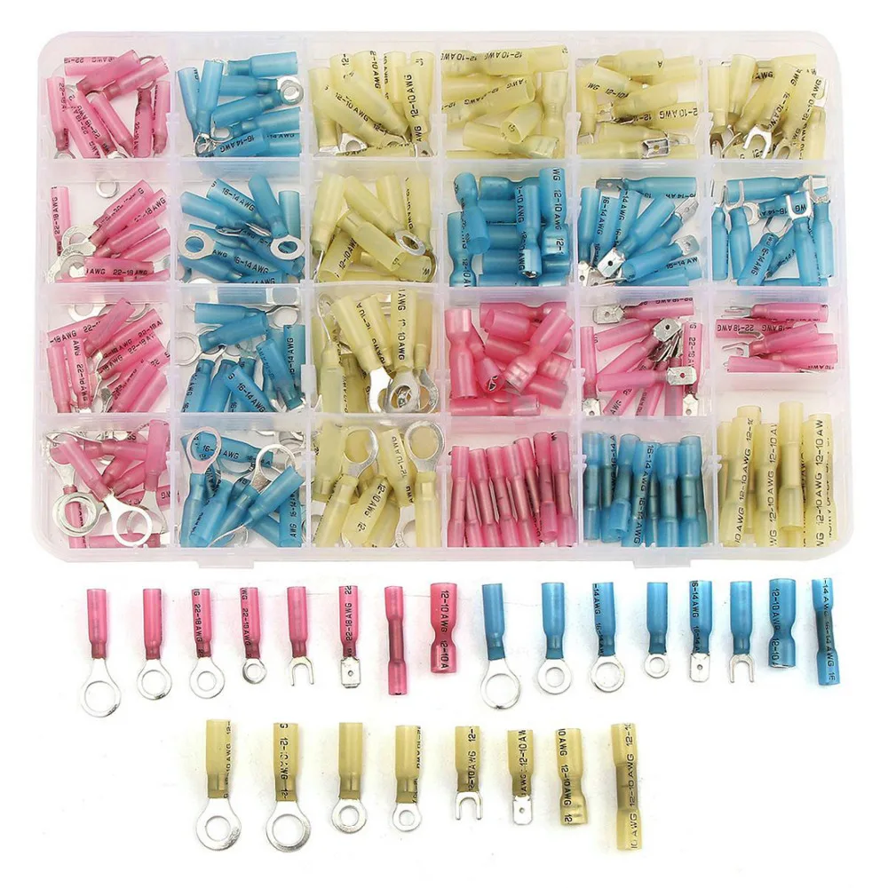 

240Pcs Heat Shrink Wire Butt Connectors Kit 22-10 AWG Waterproof Insulated Ring Spade Fork Crimp Terminals Assorted Set