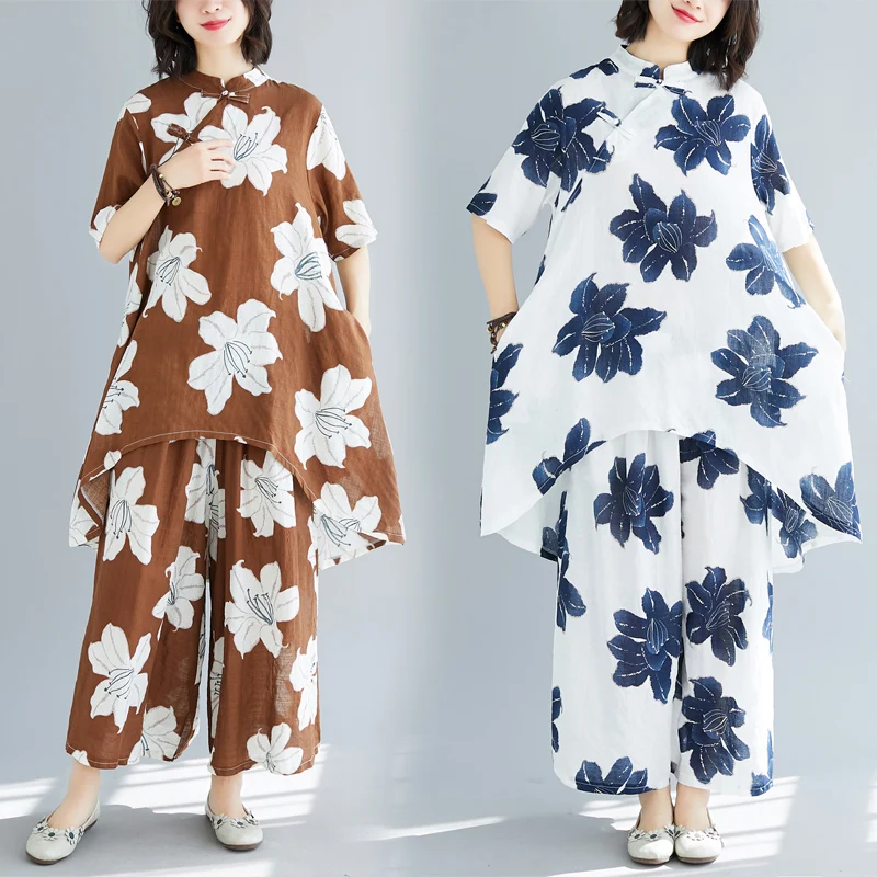Комплект из двух предметов: блузки и брюки Cheongsam летние широкие с эластичной