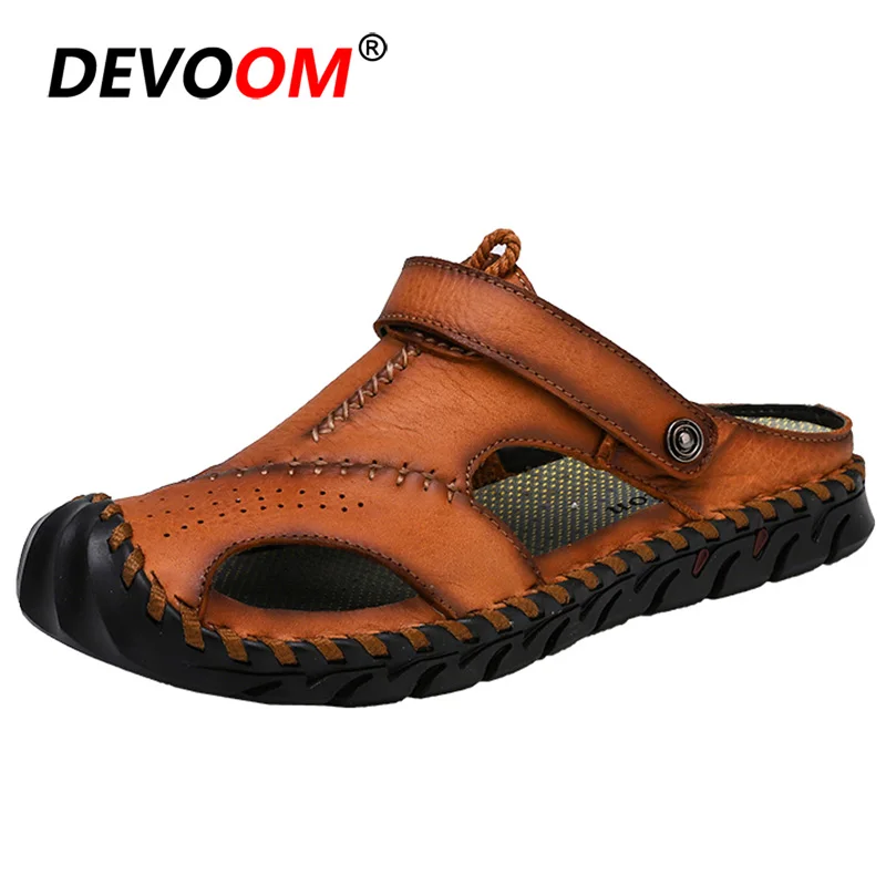 Brown Новая модная кожаная обувь Chanclas Hombre, мужские сандалии, сандалии Heren Deri, мужская обувь, летние мужские уличные сандалии, тапочки, 38-46 - Цвет: Brown