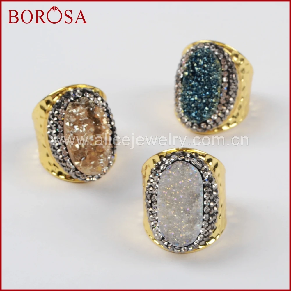 

BOROSA Oval Rainbow Titanium Druzy Ring,High Quality Gold Color Nature Quartz Stone Drusy Band Rings Gems for Women JAB757