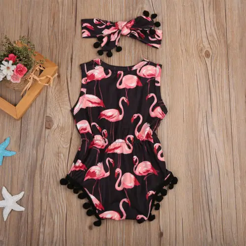 

Toddler Baby Girl Sleeveless Bodysuit Hairband 2pcs Jumpsuit One-piece Tassels Outfits Flamingo Sunsuits Bowknot Headwear 0-24M