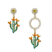 asymmetric multi color drill pearl cactus925 silver pin earrings girls heart fashion jewelry accessories wholesalejx158