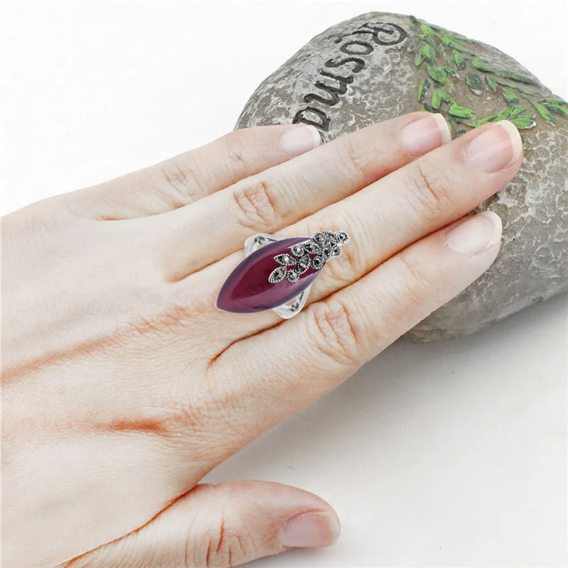 Eye Shape Opal Resin Rings Vintage Plant Leaf For Women Antique Silver Plated Fashion Jewelry | Украшения и аксессуары