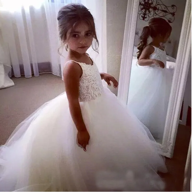 Белый Аппликация Тюль Бальное платье Девушки Цветка Платья 2017 Длина Пола Без