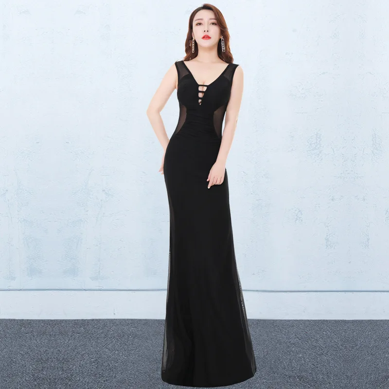 Женское вечернее платье-Русалка Макси Черное длинное платье-русалка модель 2019