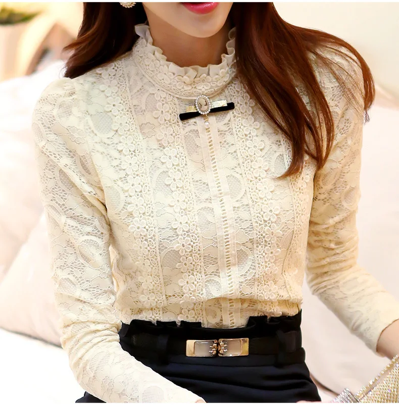 Women Lace Primer Blouse Feminine Long Sleeve Feminine Slim Stand Collar Bow Tie Shirt Plus Size 3XL Tops Blouse chic bow tie collar sleeveless pure color blouse for women