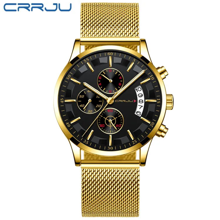 mesh gold black CRRJU роскошный бренд новые мужские наручные часы в деловом стиле Хронограф Дата из нержавеющей стали Кварцевые наручные часы мужские подарки часы - Цвет: mesh gold black