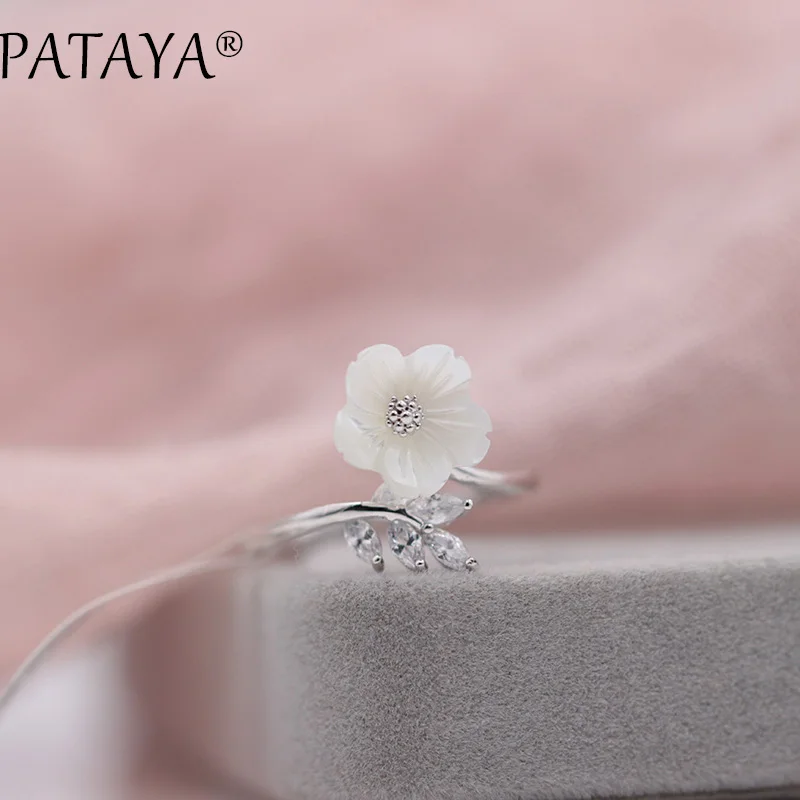 PATAYA Merry Christmas подарок на год модные золотые украшения Настоящее Белое золото ракушка Цветы Природный Цирконий вверх Открытые Кольца для женщин