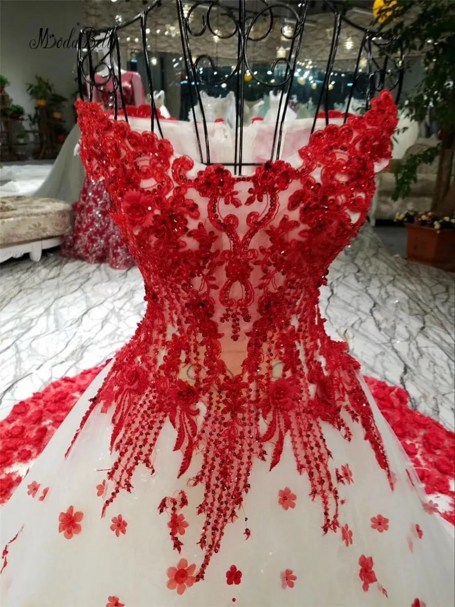 modabelle Romantic Red Lace Flower Wedding Dress With 100cm Train Ball Gowns Luxuriant Bridal Dress Lace Up Robe De Mariage