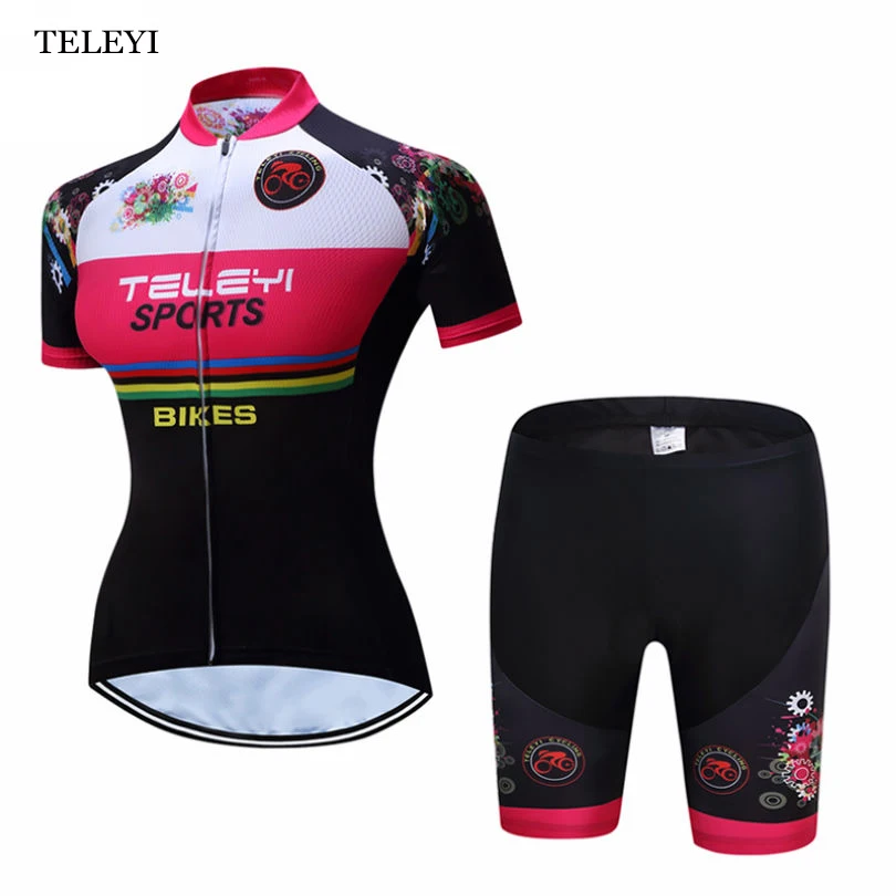 

TELEYI Women's Cycling Jersey Team Ropa Ciclismo Bike Short Sleeve Gilrs Clothing Bicycle Bib Shorts Shirt Set
