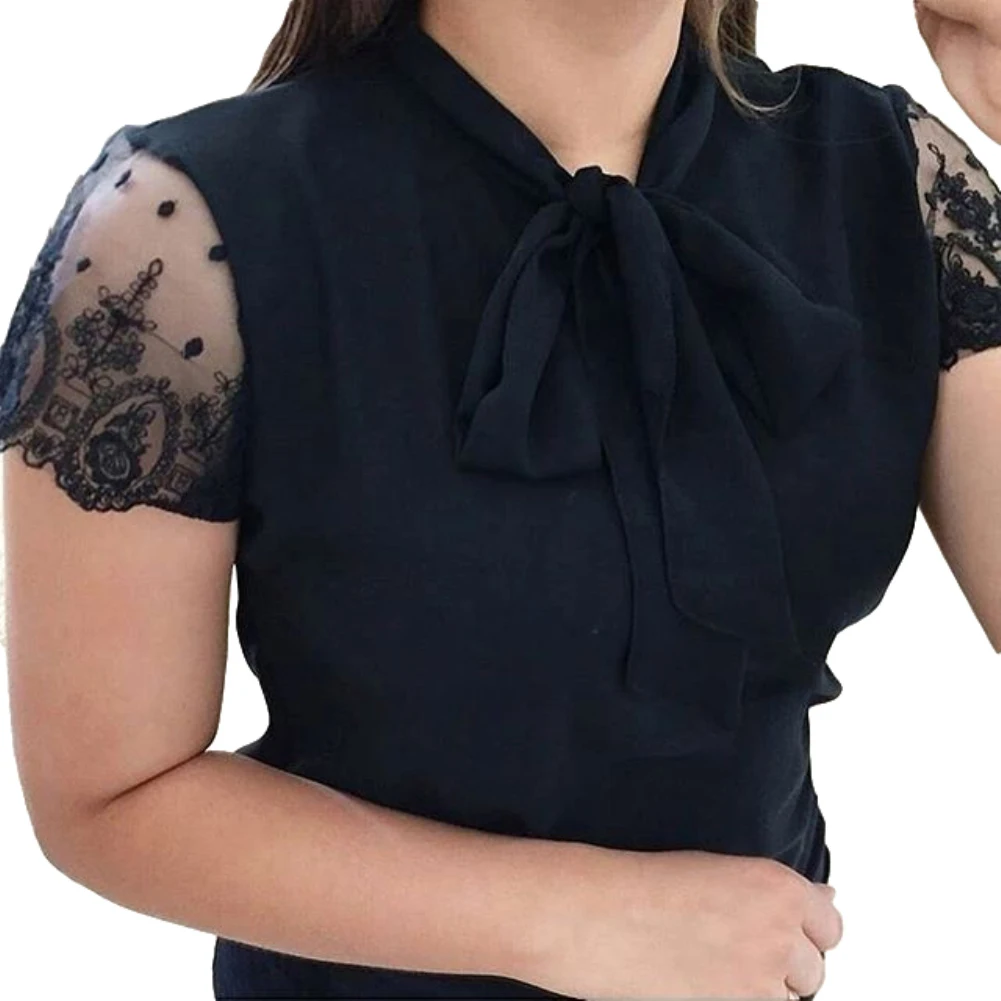 

blouse women Summer blusas Fashion Women Solid Color See-through Lace Short Sleeve Bowtie Blouse Top blusas mujer de moda 2020