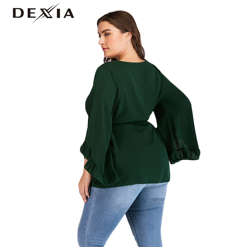 DEXIA плюс Размеры 3XL 4XL зеленый блузка Для женщин длинными расклешенными рукавами