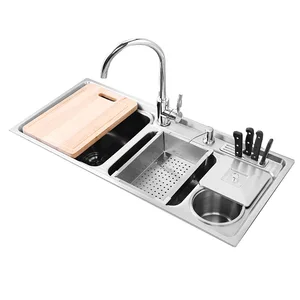 kitchen basin sus304 stainless steel three tank wash vegetable pot lengthening multi function kitchen sink with trash can free global shipping