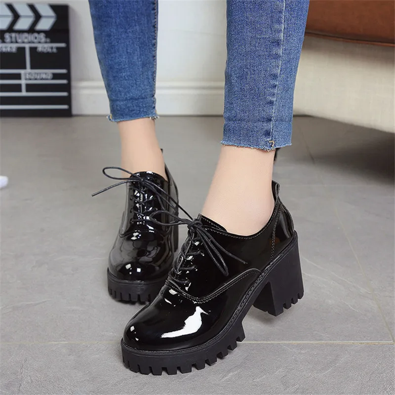 

New Spring Autumn Thick High Heeled Pumps Woman Round Toe Lace up shoes Female Platform Shoes Casual women Office Lady shoes