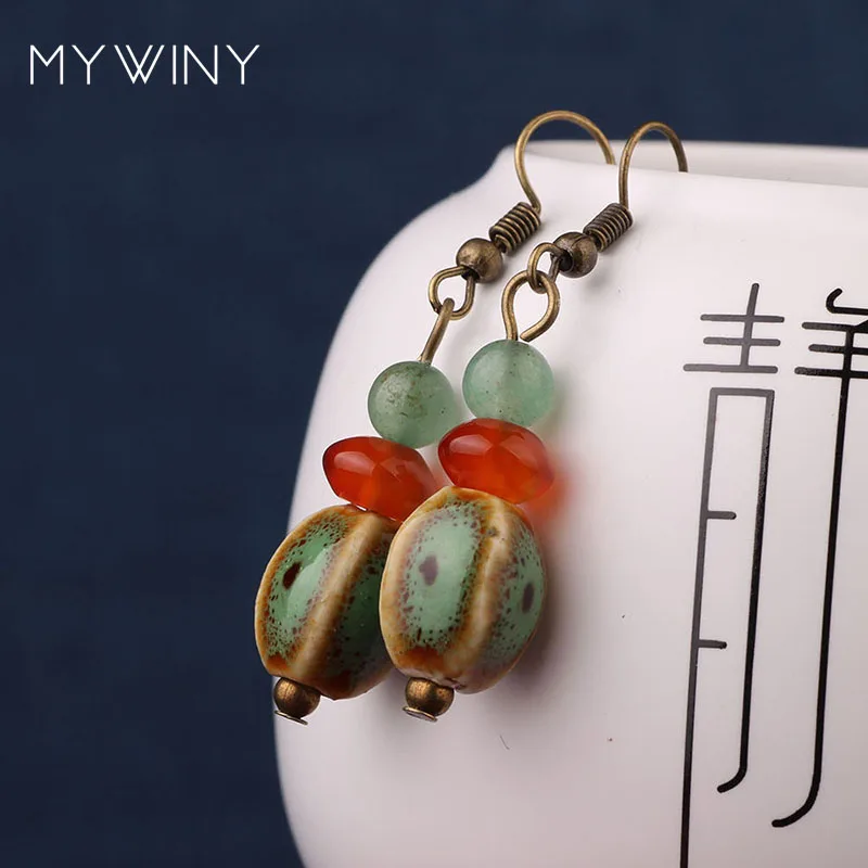 Женские винтажные серьги MYWINY зеленые с керамическими бусинами в этническом