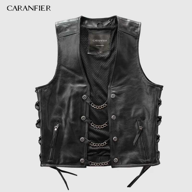 Черный Мужские жилеты CARANFIER из натуральной кожи в стиле рок, Байкерский жилет с металлической цепочкой, мотоциклетные куртки без рукавов из натуральной кожи, DHL - Цвет: Черный