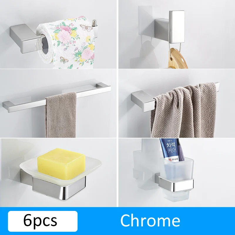 6pcs Chrome Матовый черный держатель для бумаги из нержавеющей стали для ванной комнаты, держатель для полотенец, держатель для зубных щеток, набор аксессуаров для ванной - Цвет: 6pcs Chrome