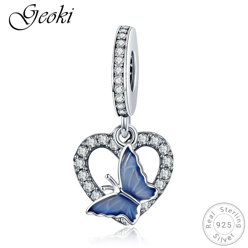 Geoki 925 пробы, серебряный, синий, земля, астронавт, самолет, талисманы, подходят к оригиналу Pandora, браслет, якорь, перо, Русалка, Бабочка, бусины - Цвет: GSCC818-1
