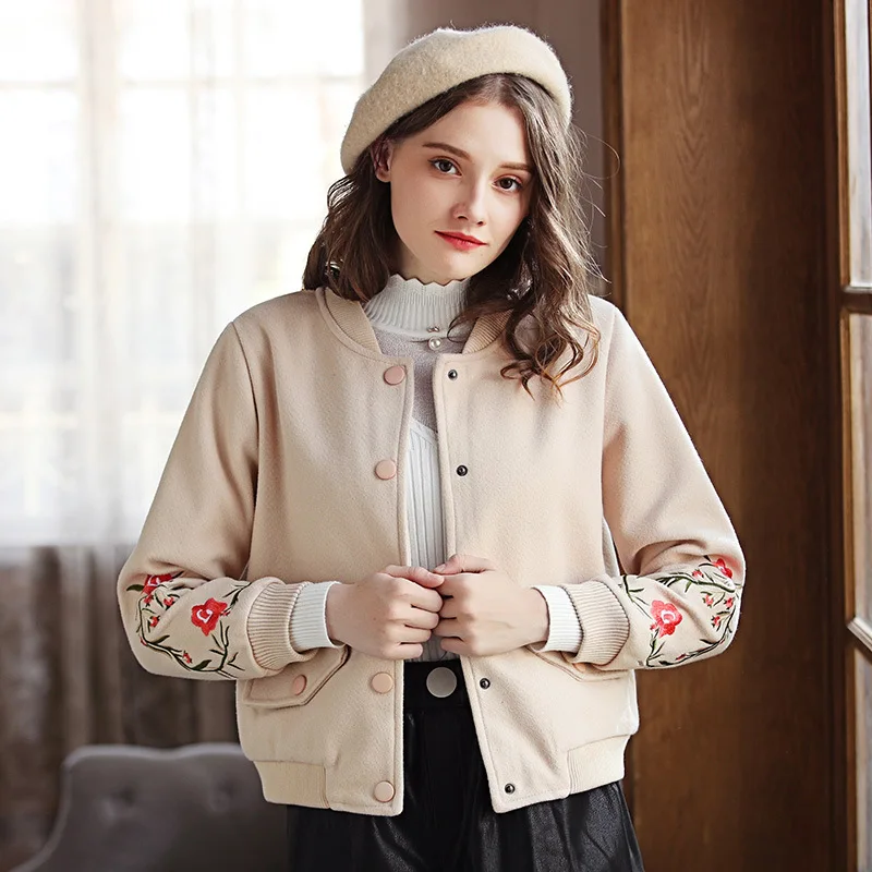 Sweet O-neck Short Wool Coat Covered Botton Blend and Jacket Embroidery Solid Women Coats Autumn Winter | Женская одежда
