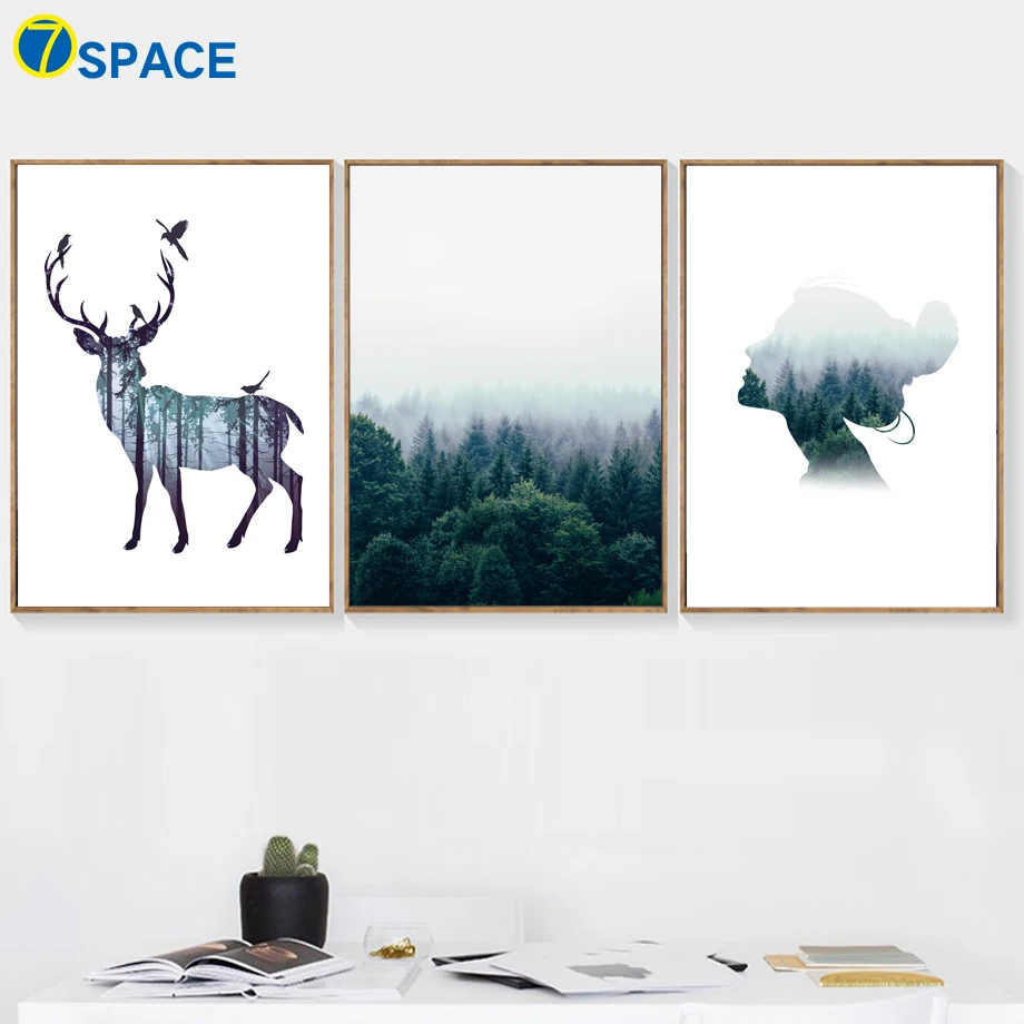 

Abstract Forest Deer Woman Landscape Wall Art Canvas Painting Nordic Posters And Prints Wall Pictures For Living Room Home Decor
