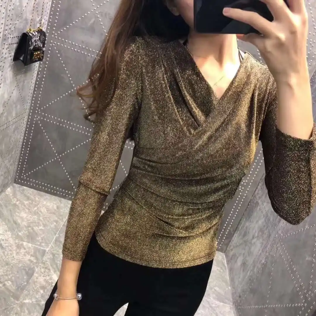 New Women Blouse Shirt Bronzing Long Sleeve Blouse Tops Women Shirt V-Neck Sexy Pleated Blouses Female