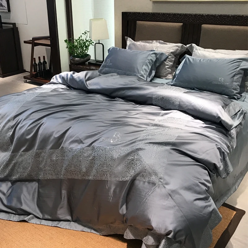 

Luxury Embroidery grey 100S Egyptian cotton Bedding sets Queen King Royal Duvet cover Bed sheet set Pillowcases 4/6pcs