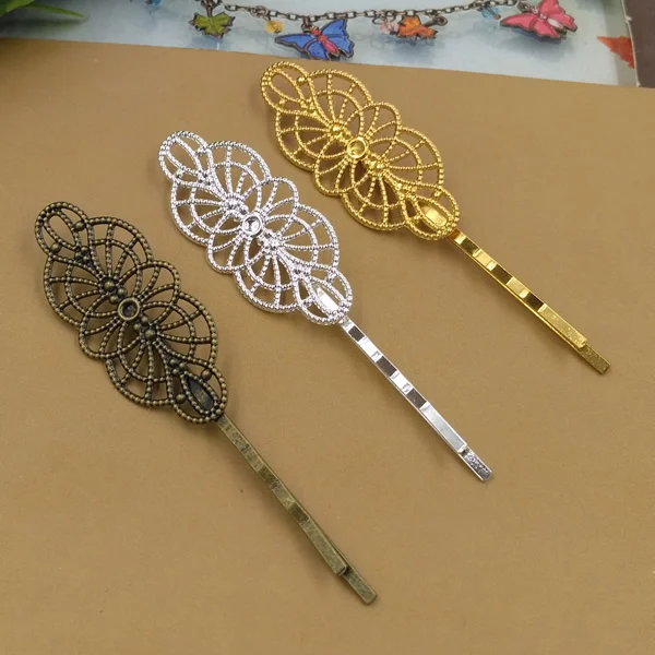 Зажим для волос булавка Бобби с латунной подложкой и цветом старинной бронзы/золота/серебра размером 19*43 мм в стиле ZAKKA с цветочным орнаментом.