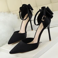 2022new autumn fashion solid silk shallow single shoes sexy pointed toe womens high heels shoes sweet bowtie buckle women shoes