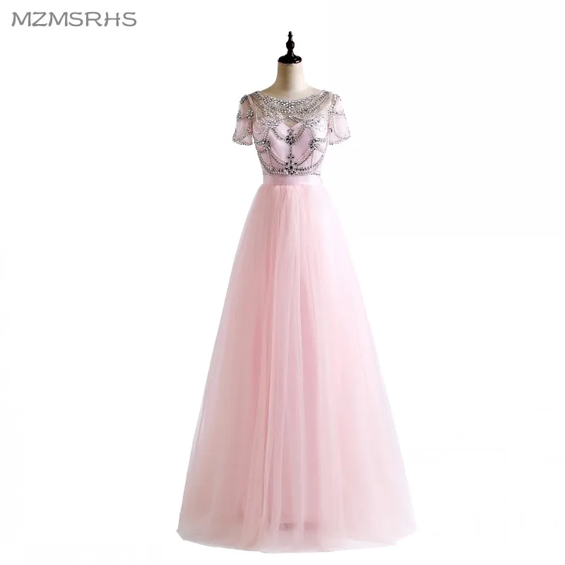 Женское бальное платье с коротким рукавом розовое или белое бисером и