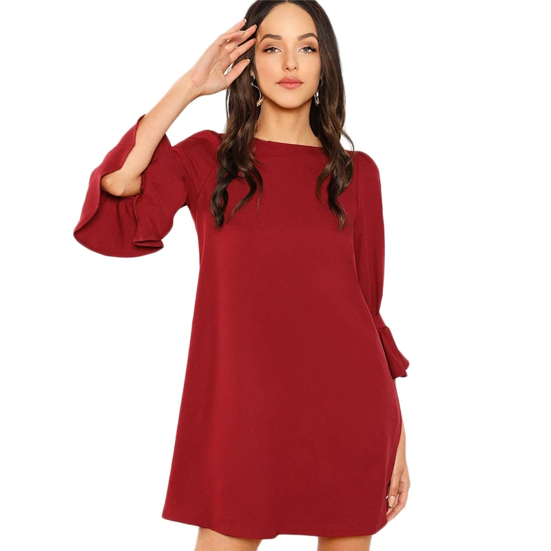 Dotfashion/бордовая туника с рукавами-колокольчиками, женская одежда, высококачественное повседневное летнее прямое платье, рукав-Волан