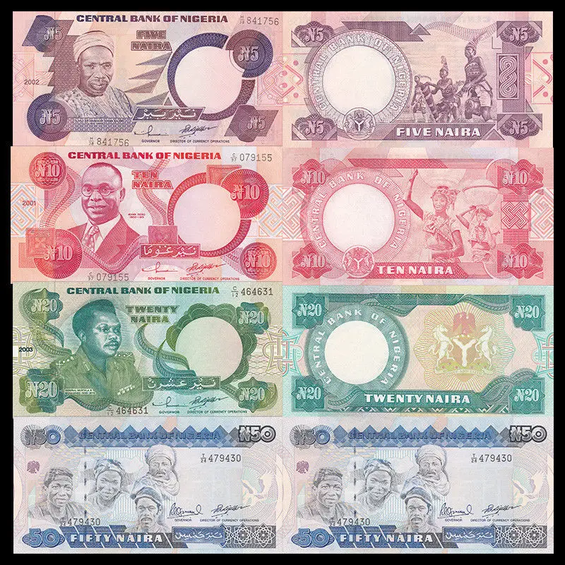 Набор nigeria 4 шт 5 10 20 50 Naira P 24 25 26 27 UNC коллекция подарок Африка оригинал|Безвалютные