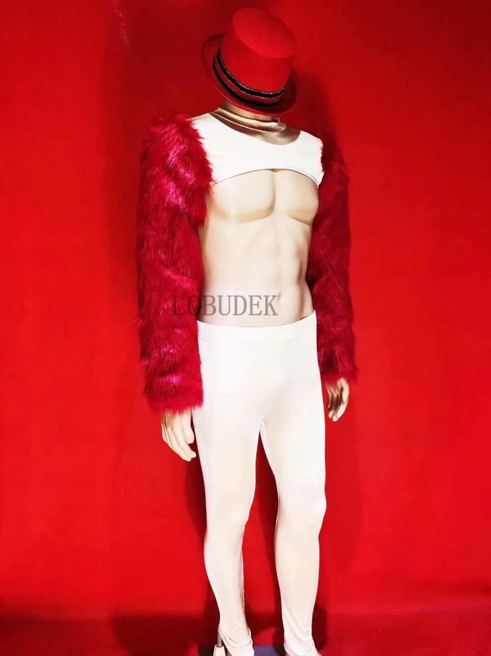 Мужской костюм для ночного клуба DJ DS красный топ с искусственным мехом белые